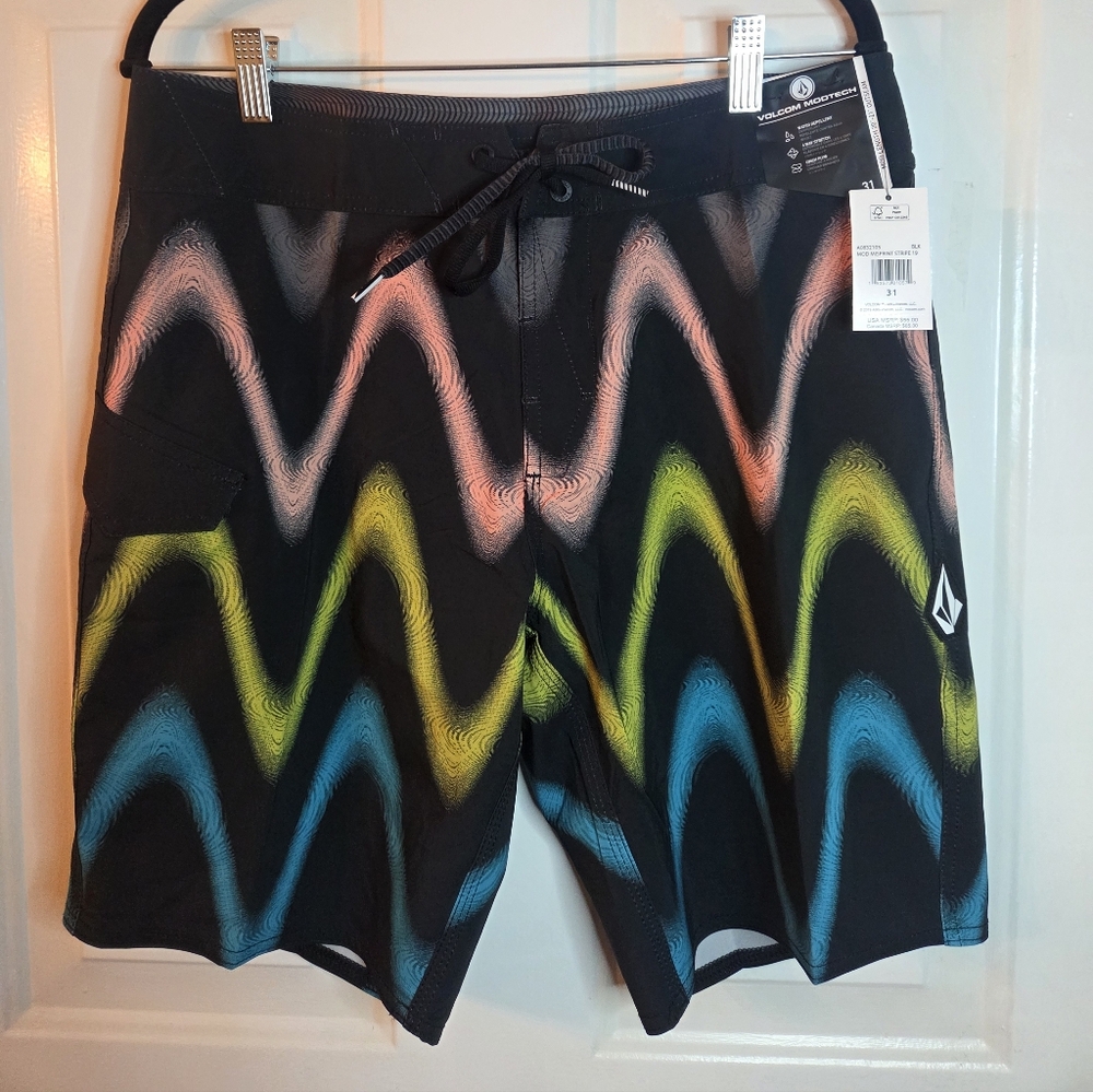 Volcom Board Shorts Size 31 Lace Up "Mod Misprint Stripe" NWT